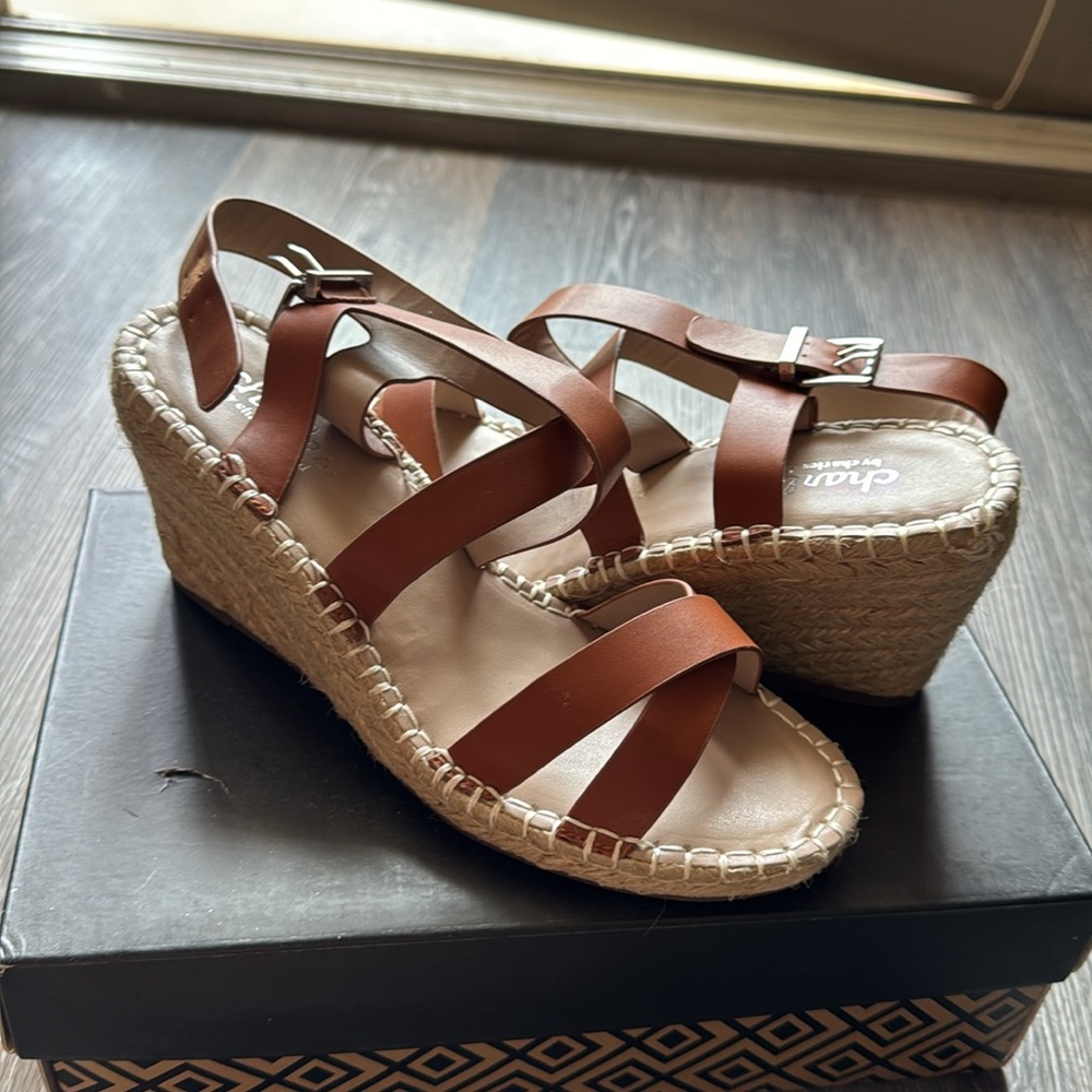 NIB Charles David Brown Tan Wedge Straw Strappy Espadrille Sandals 9.5 - Picture 3 of 7